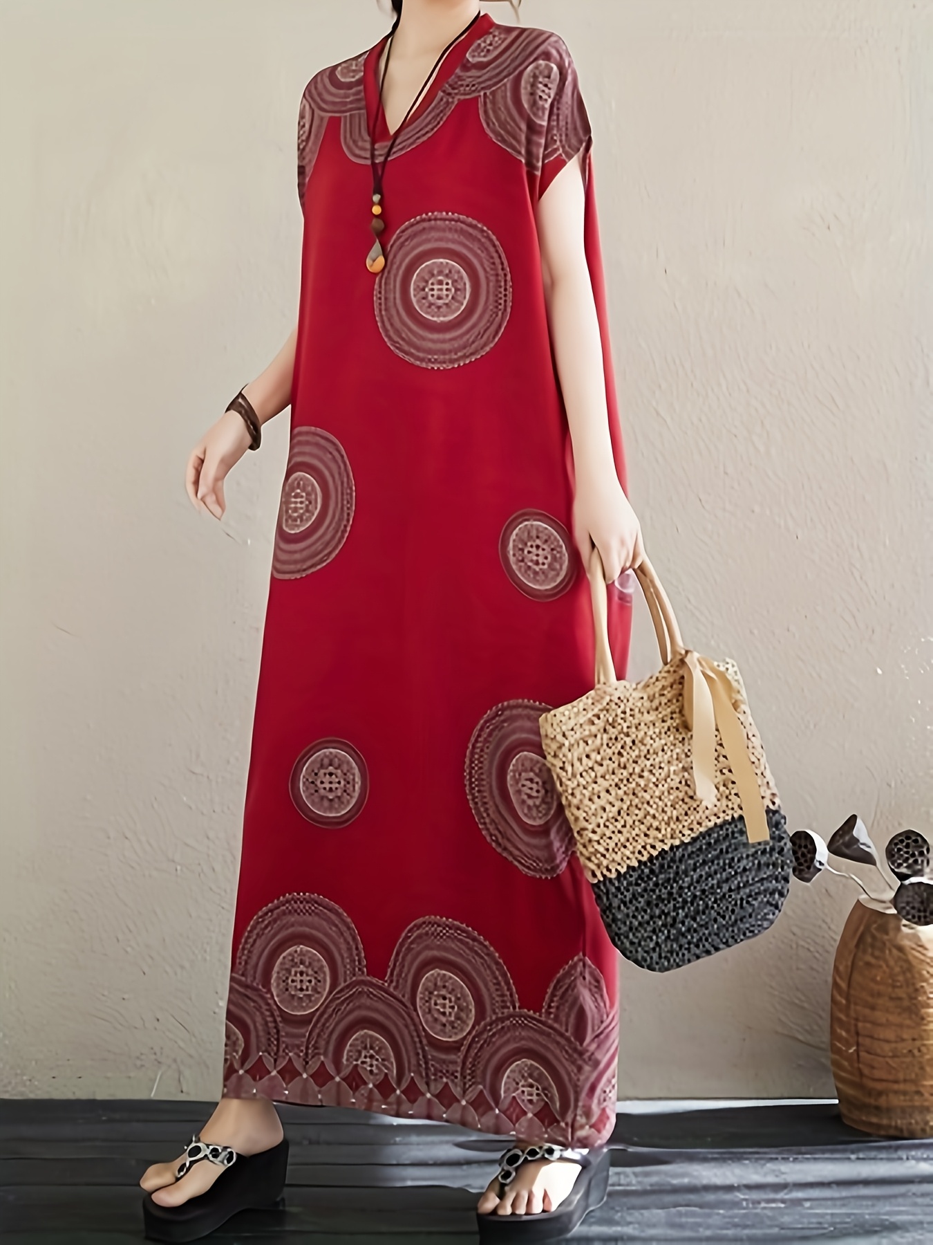 plus size artistic summer viscose rayon short sleeve dress - Temu United  Arab Emirates