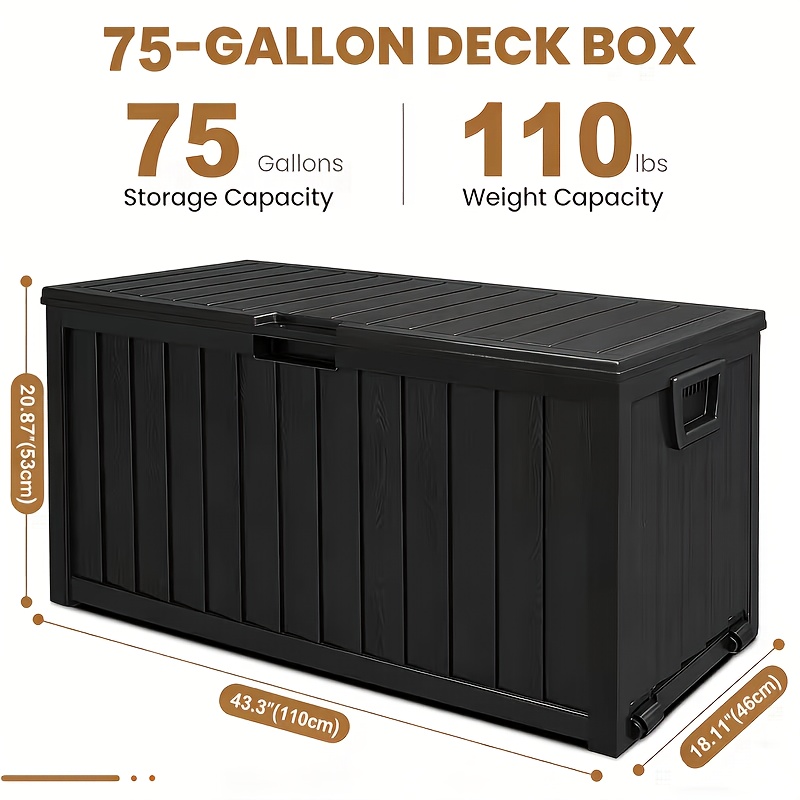 TEMU Boîte de rangement extérieure 35/75 gallons, de rangement étanches avec couvercle, grande caisse de rangement de patio pour coussins, jouets de