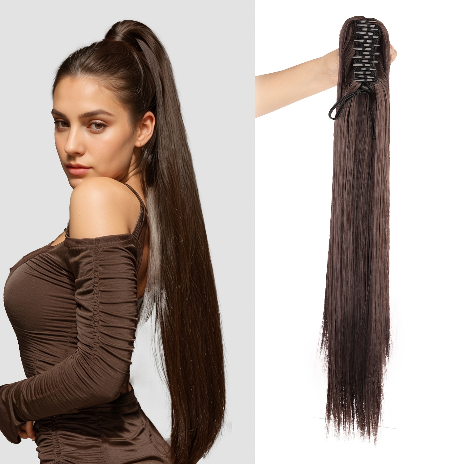 Image of Long Straight Ponytail Wig With Claw Clip, Made Of High-heat-resistant Synthetic Material, Suitable For Daily Wear, Volume, And Perfect For Festive Carnivals And Halloween