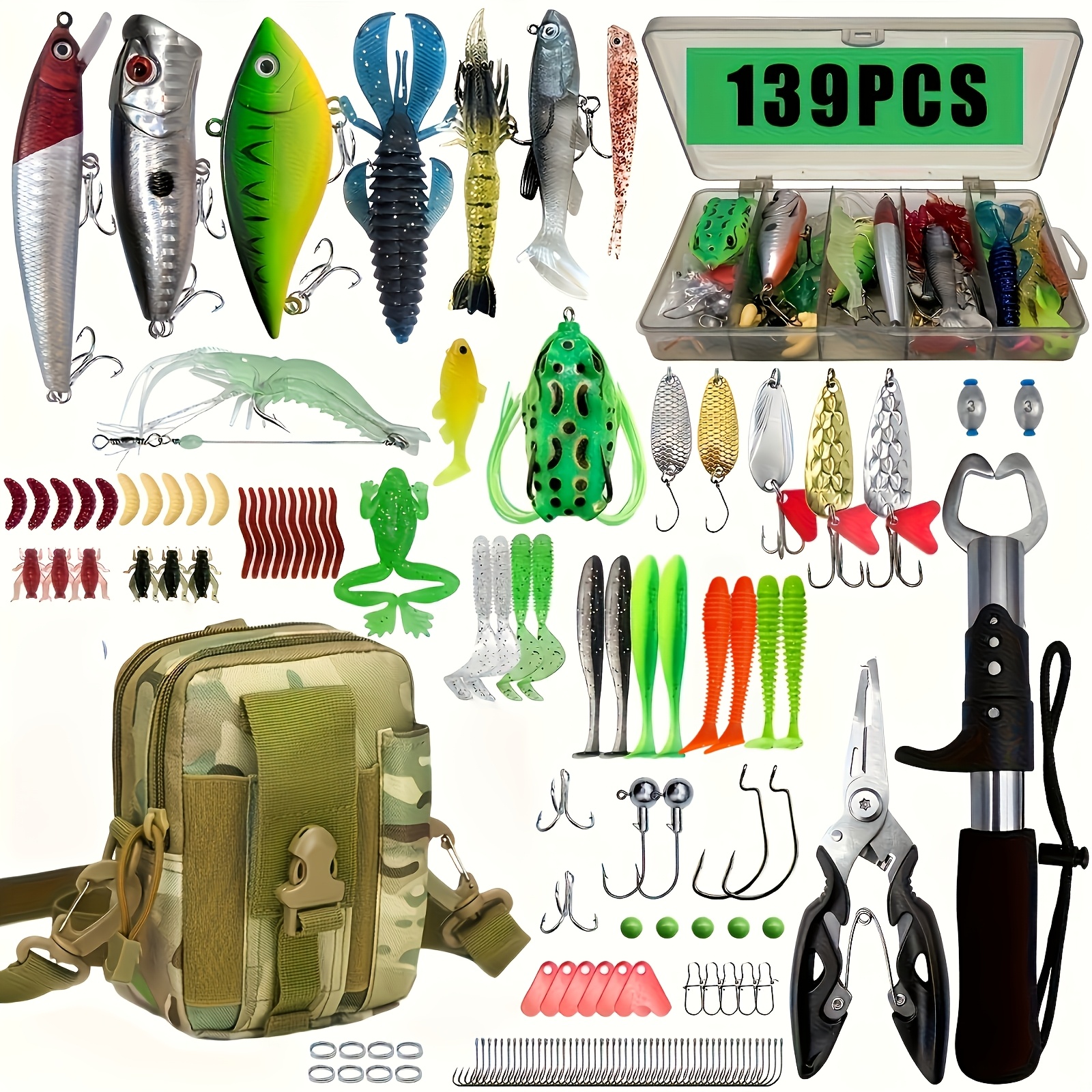 Image of 88/139/412pcs Fishing Tackle Set With Storage Box, Includes Waist Pack Or Backpack, Soft Baits, Hard Baits, Fish Hooks, Sinkers, Spinnerbaits, Lures, Perfect Gift For Fishing Enthusiasts