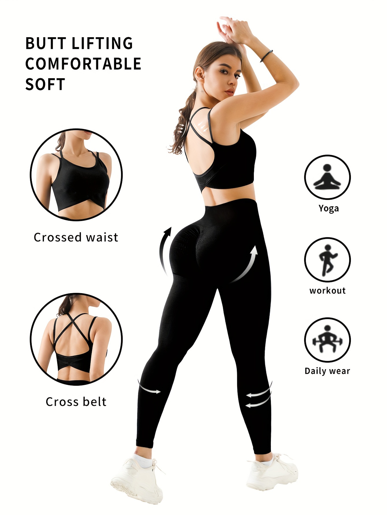 Conjunto de gimnasio para mujer Ropa deportiva de 3 piezas - Leggings de  yoga sin costuras para levantamiento de glúteos y sujetador deportivo