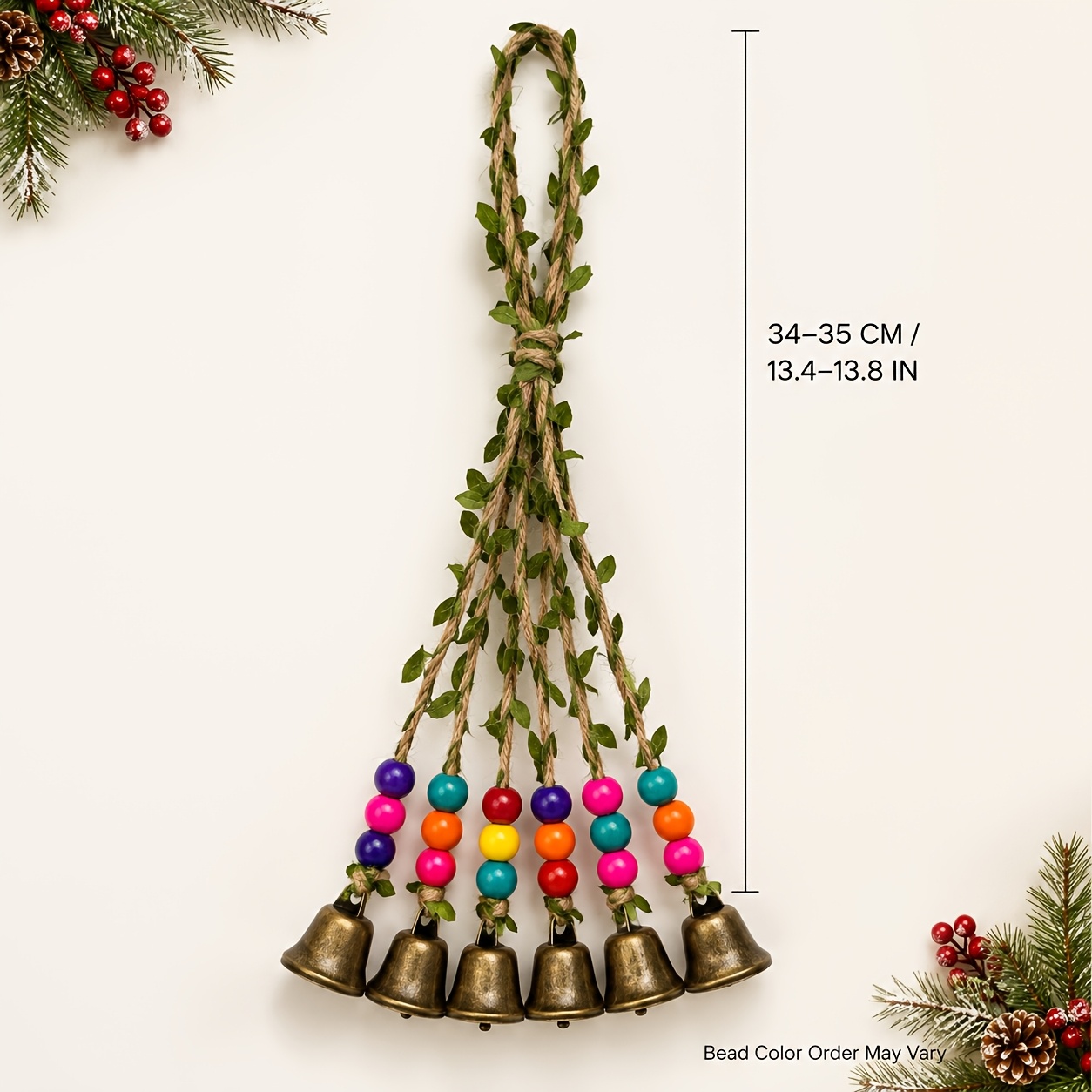 TEMU Bohemian 6-bell Hanging Ornament With Colorful Wooden Beads And Jute Rope, Christmas Tree, Garden, Porch, And Home Decor