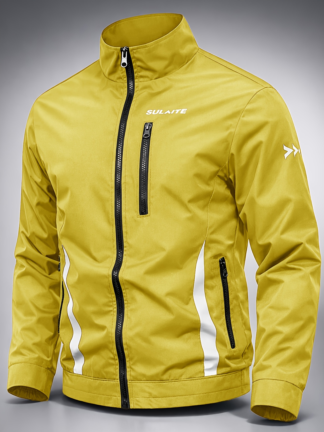 imagen del artículo chaqueta de hombre de corte entallado con cuello   - estilo deportivo casual de moda para  /otoño, verde   con rayas blancas, tela de poliéster, lavable a máquina