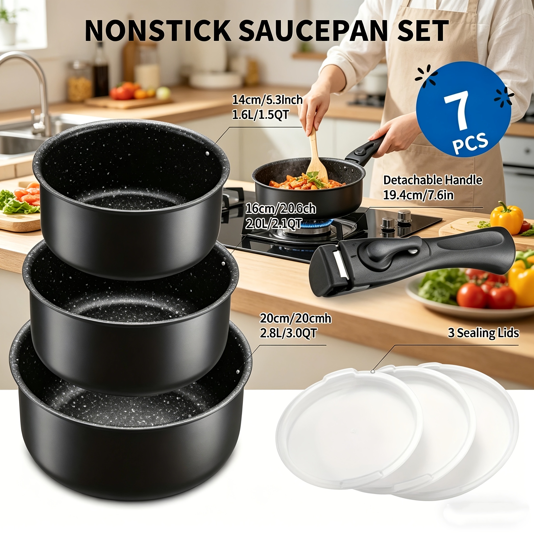 TEMU Non Stick Saucepan Set With Removable Handle And Sealing Lids, Non Stick Pot Set For Induction , 4pcs Saucepan For All , Stackable Design And