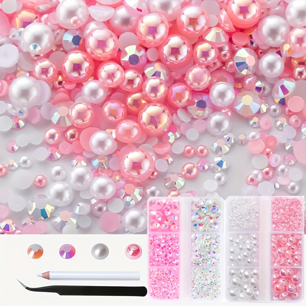 

3600pcs Light Pink & White Pearl Rhinestones Set, Mixed Sizes 4mm-8mm Ab Round Half Pearls, Flatback Resin Gems For Crafts And Face Jewelry