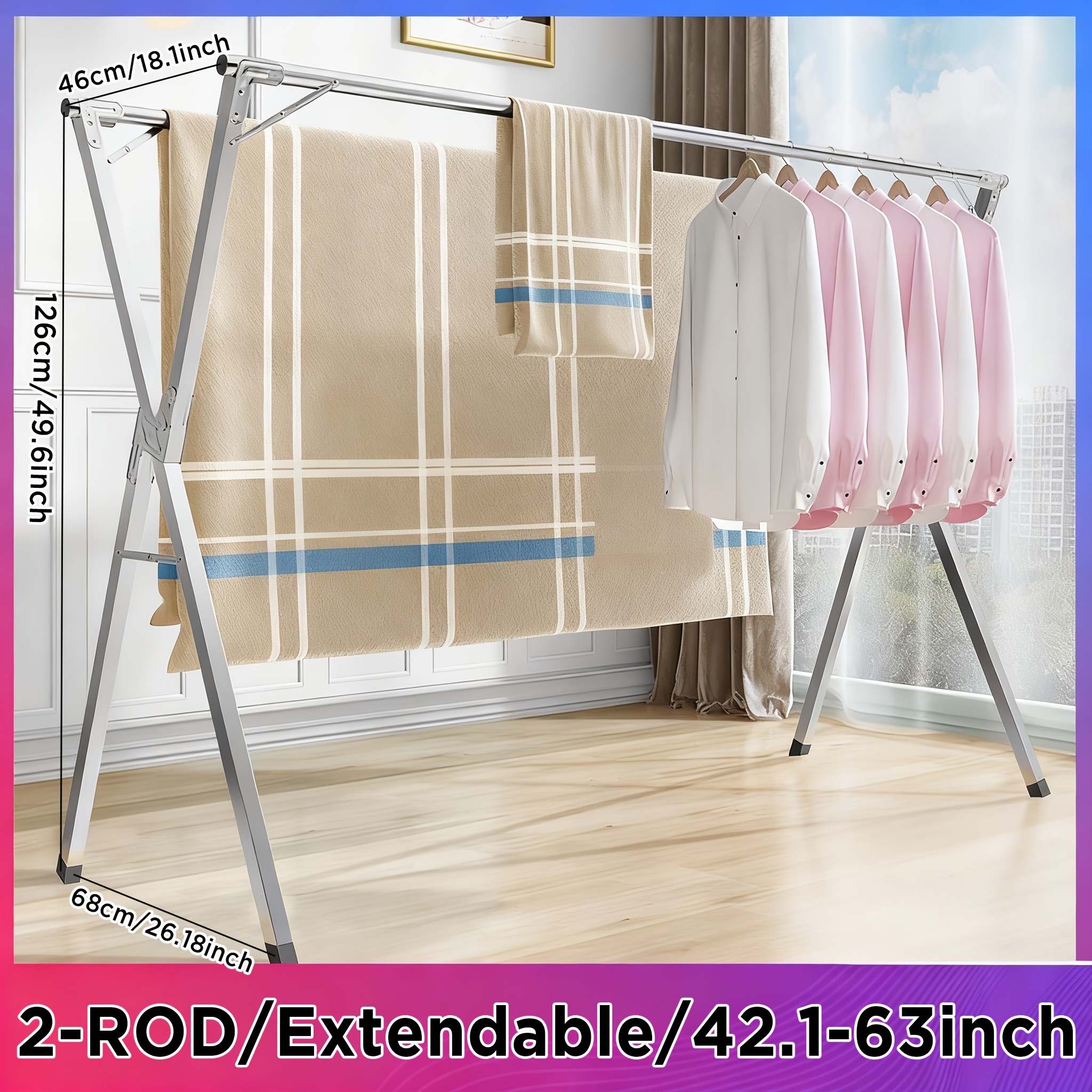 TEMU 1pc Of A Heavy-duty Metal Drying Rack Measuring 63 To 78.7 Inches, Designed To , With A Capacity Of 150 . This Sturdy, Floor-standing Garment