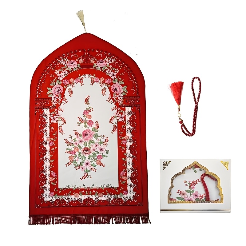 Pink Floral Tribal Style Muslim Prayer Mat with 99 Beads, Polyester, Portable & Durable, Ideal for Ramadan & Pilgrimage, All-Season Use, Gift Box Included