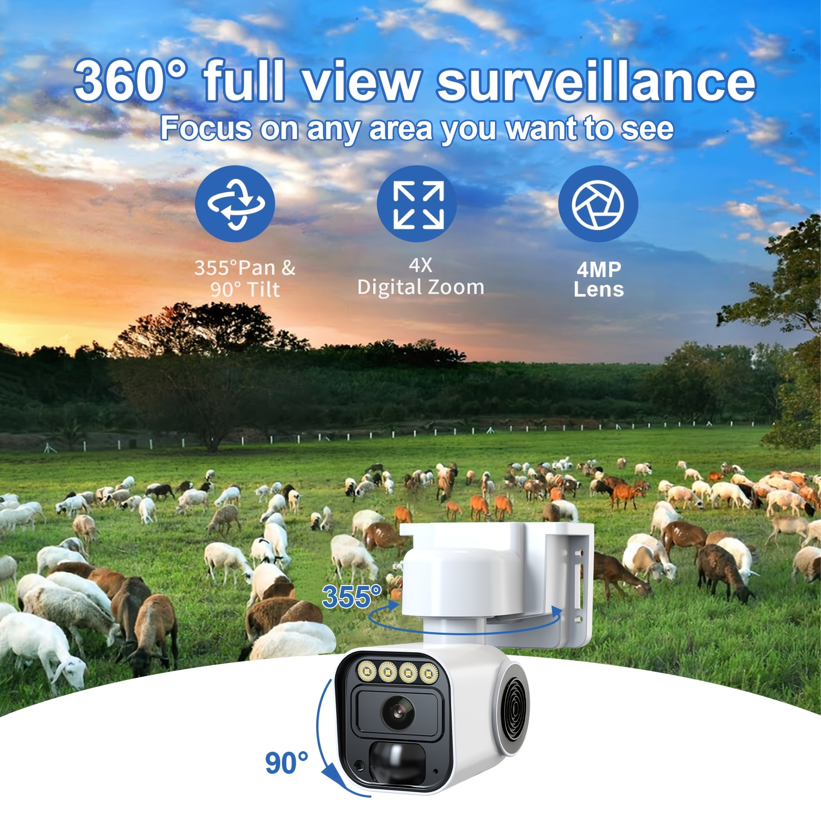 TEMU 4mp Outdoor Solar Security Camera, Dual Ptz Panoramic Monitoring, Color Night Vision, 4g Network, Pir Infrared Motion Detection, Audio, Cloud