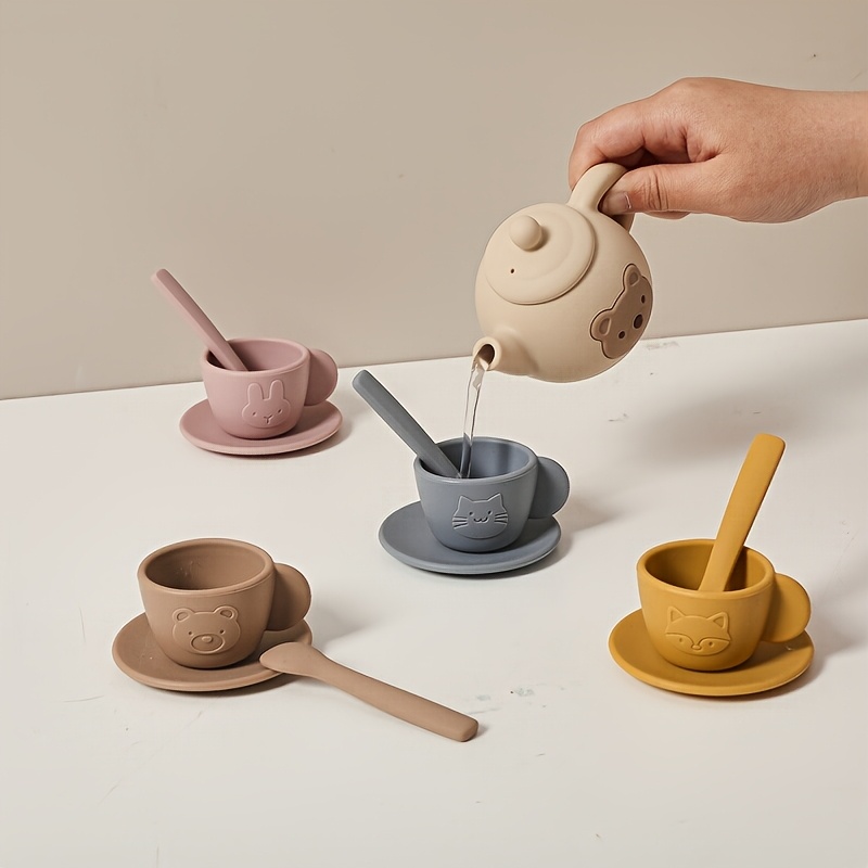 Silicone Afternoon Tea Set for Kids, Cute Bear Wooden Playhouse Toy, Mini  Tea Cup and Teapot Set for Girls, Parent-Child Interactive Game, Christmas 