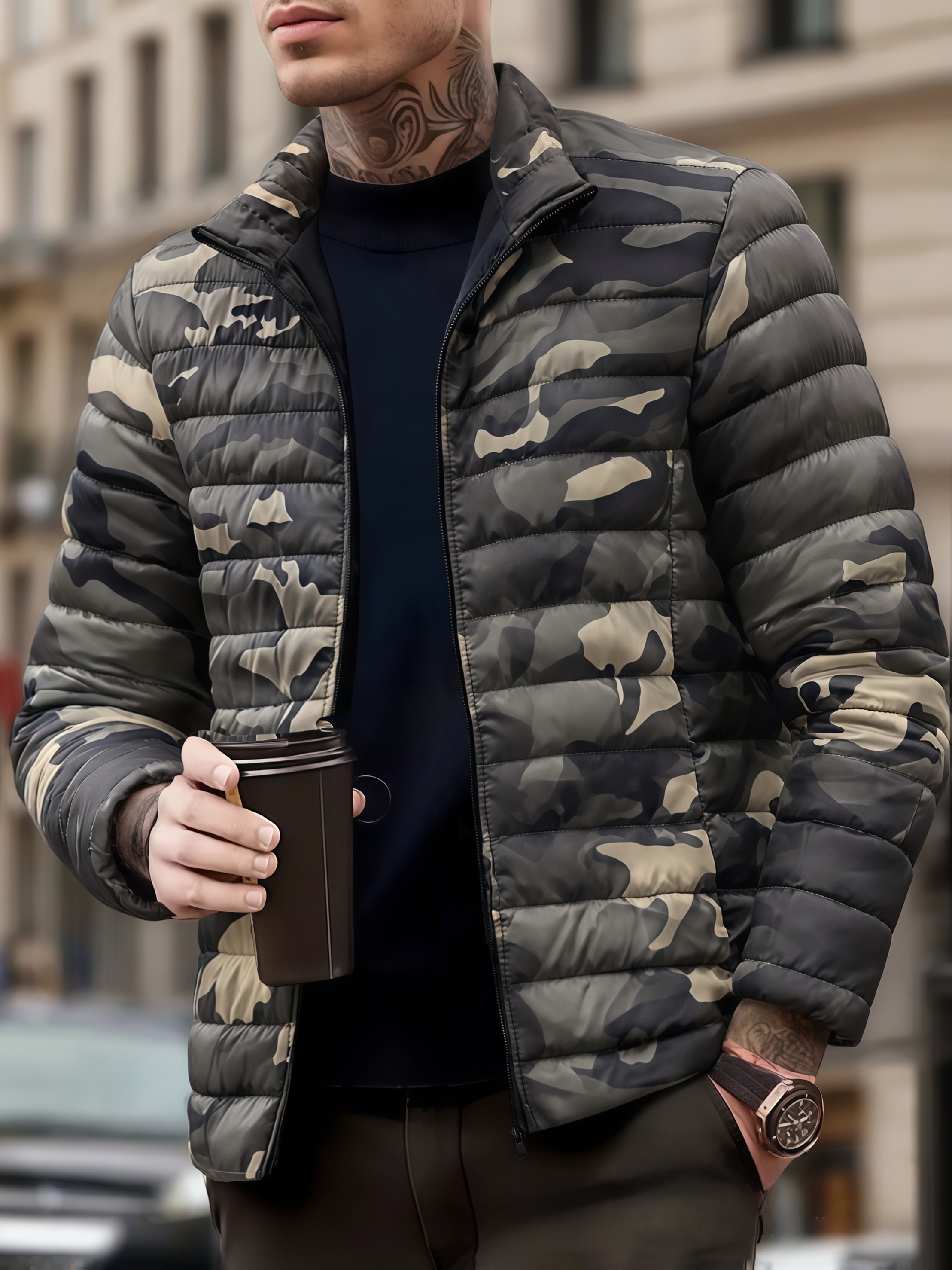 Men's Camouflage Casual Sport Jacket, Featuring a Small Stand-up Collar Design - a Classic and Versatile Windbreaker with Zippered Pockets for Easy Carrying and Storage. This Loose-fitting Warm Jacket Offers a Regular Fit, Ideal for Casual Outdoor