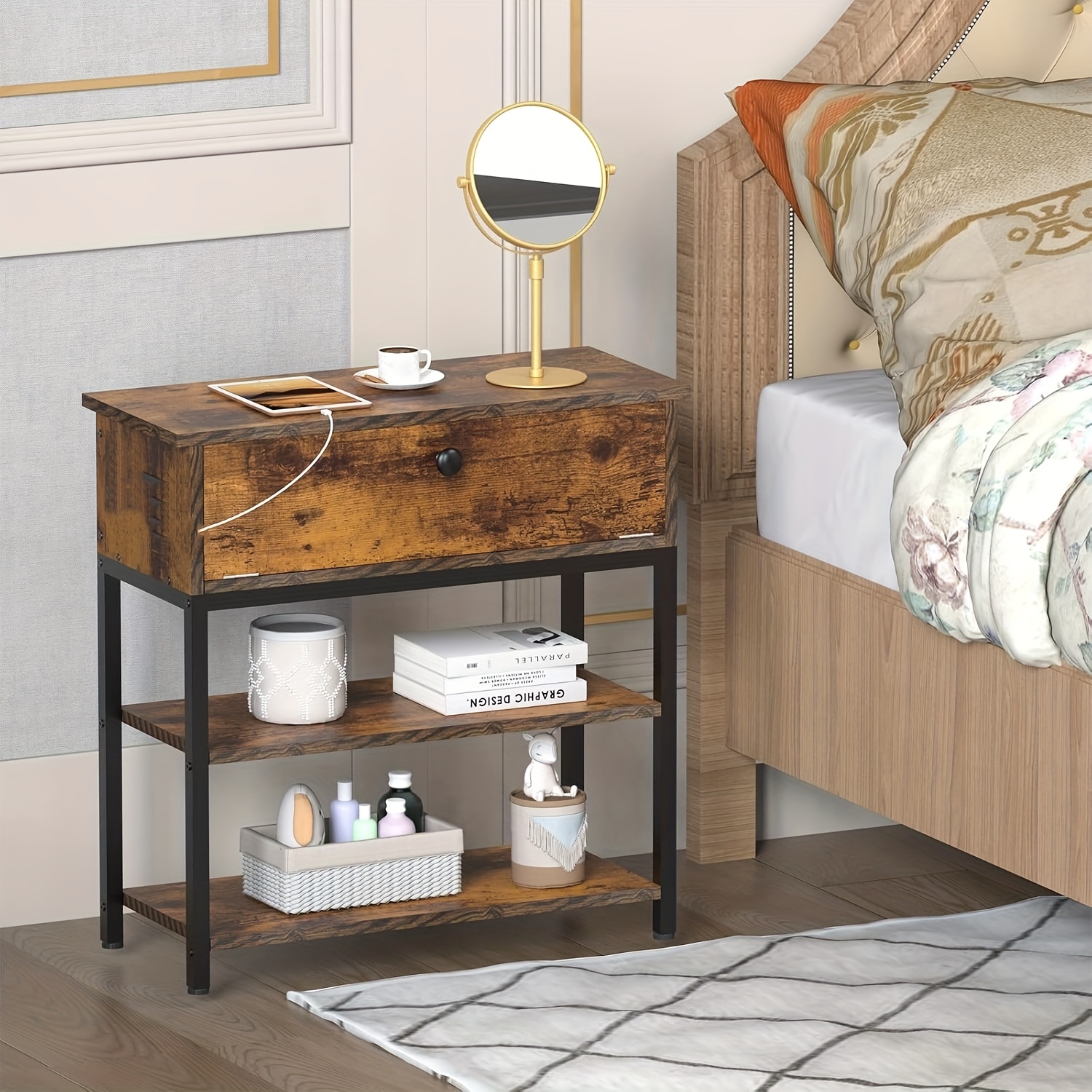 A Compact Mid Century Bedside Table Featuring 2 Shelves, Measuring 55x26x63.5cm, Ideal As A Small End Table Or A Side Table For Coffee In Tight Spaces, Suitable For Living Rooms, Bedrooms, Or Offices