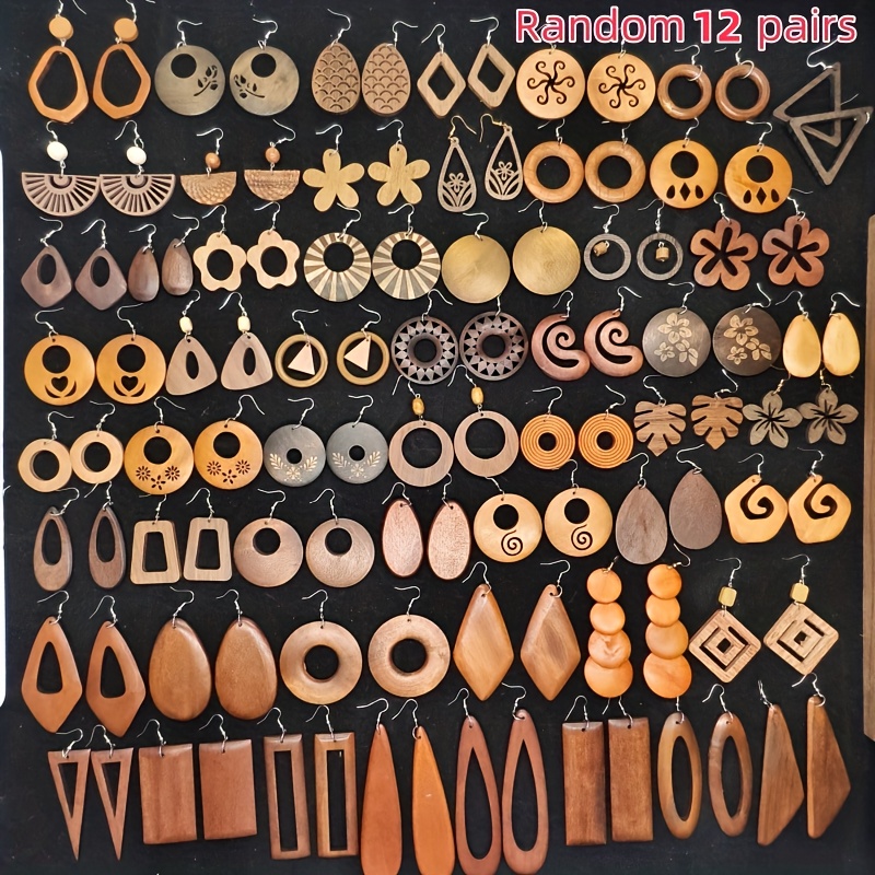 TEMU Lot de 12 paires aléatoires de longues boucles d'oreilles en bois de style Asie du Sud-Est avec découpes florales sculptées à / de feuille,
