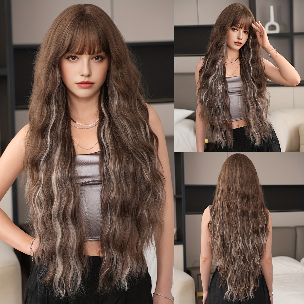 

Namm Synthetic Long Wigs For Women Daily Use Highlight Wigs With Bangs Heat Resistant Wigs In 36inch