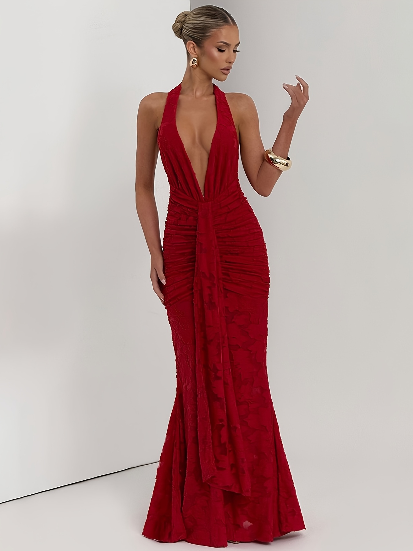 red lace bodycon dress with deep backless Elyna Slinky Halter Maxi Dress / Deep Red | MESHKI main image 0