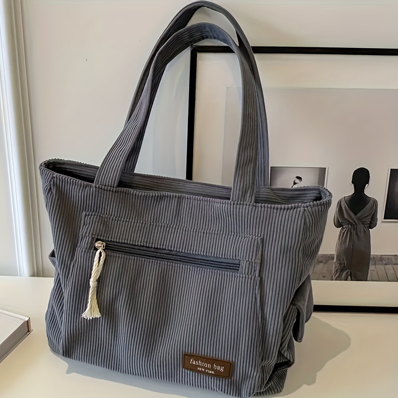 Image of Women' Color Fleece Tote Bag, Multi-pocket , Casual Zippered Handbag, Suitable For Outdoors, Style