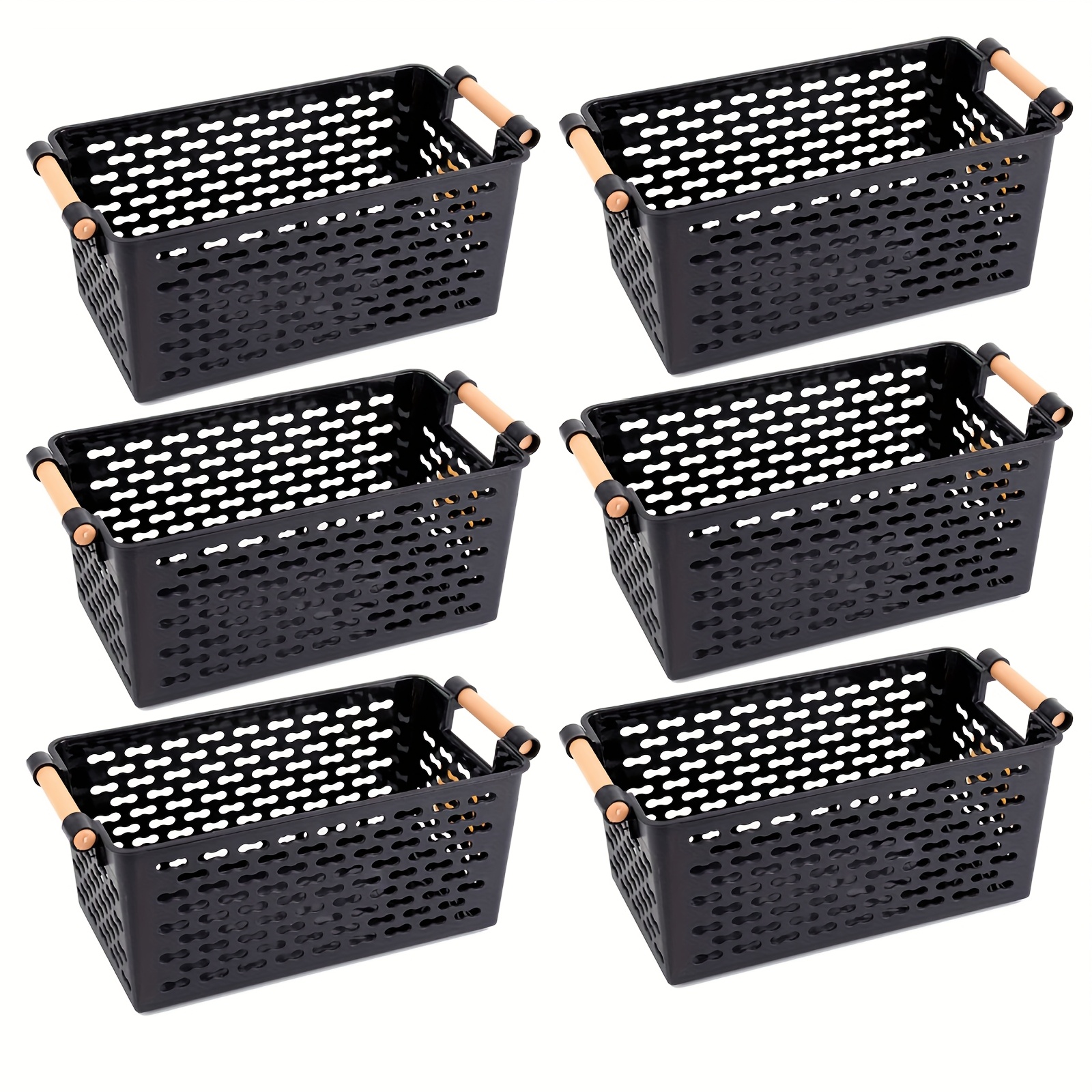 6 Pack Stackable Plastic Storage Baskets With Handles - Organizer Bins, Design & Ventilation Holes For Home, Office, Closet, Bathroom Organization, Storage Baskets For Organizing, Shelf Baskets