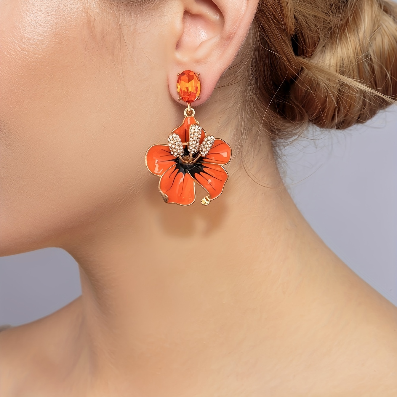 

Bohemian Style Orange Flower Rhinestone Drop Earrings, Casual Chic Dangle Accessories For Women, Perfect For Holiday & Party Wear