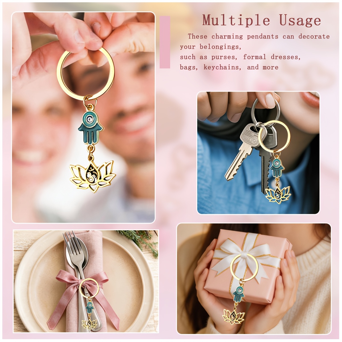 54pcs Vintage Ethnic Style Palm Lotus Flower Pendant Keychain Pack
