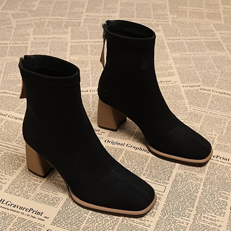 TEMU Retro Square Toe Women's Short Boots, Color-block Chunky Heel Boots, Velvet Temperament Commuter Women's Short Cylindrical Boots, Women Shoes