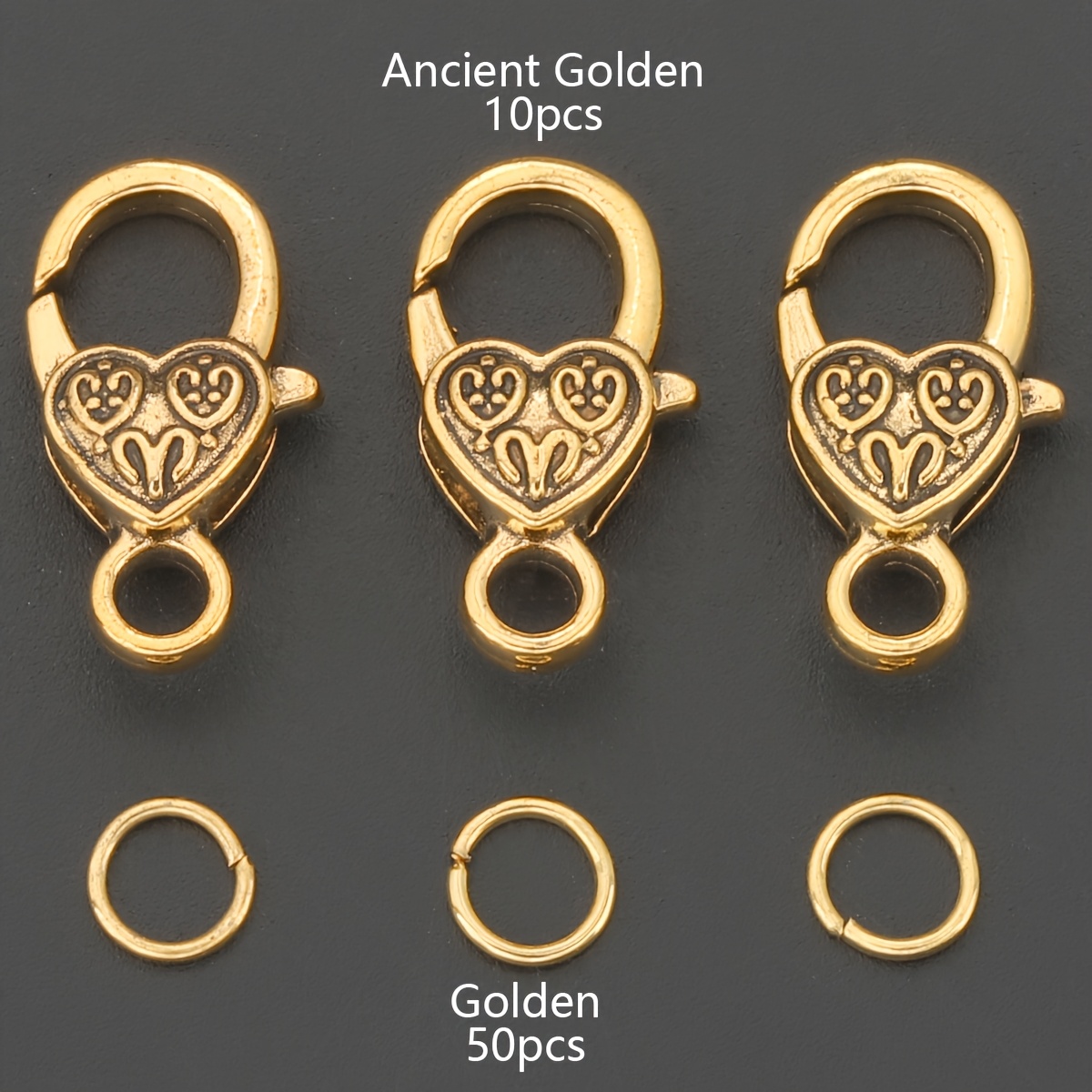 TEMU 60pcs Ancient Golden + Golden Clasp Parts Set, Includes Heart-shaped Lobster Clasps + Open Jump Rings, Suitable For Diy Bracelet, Necklace