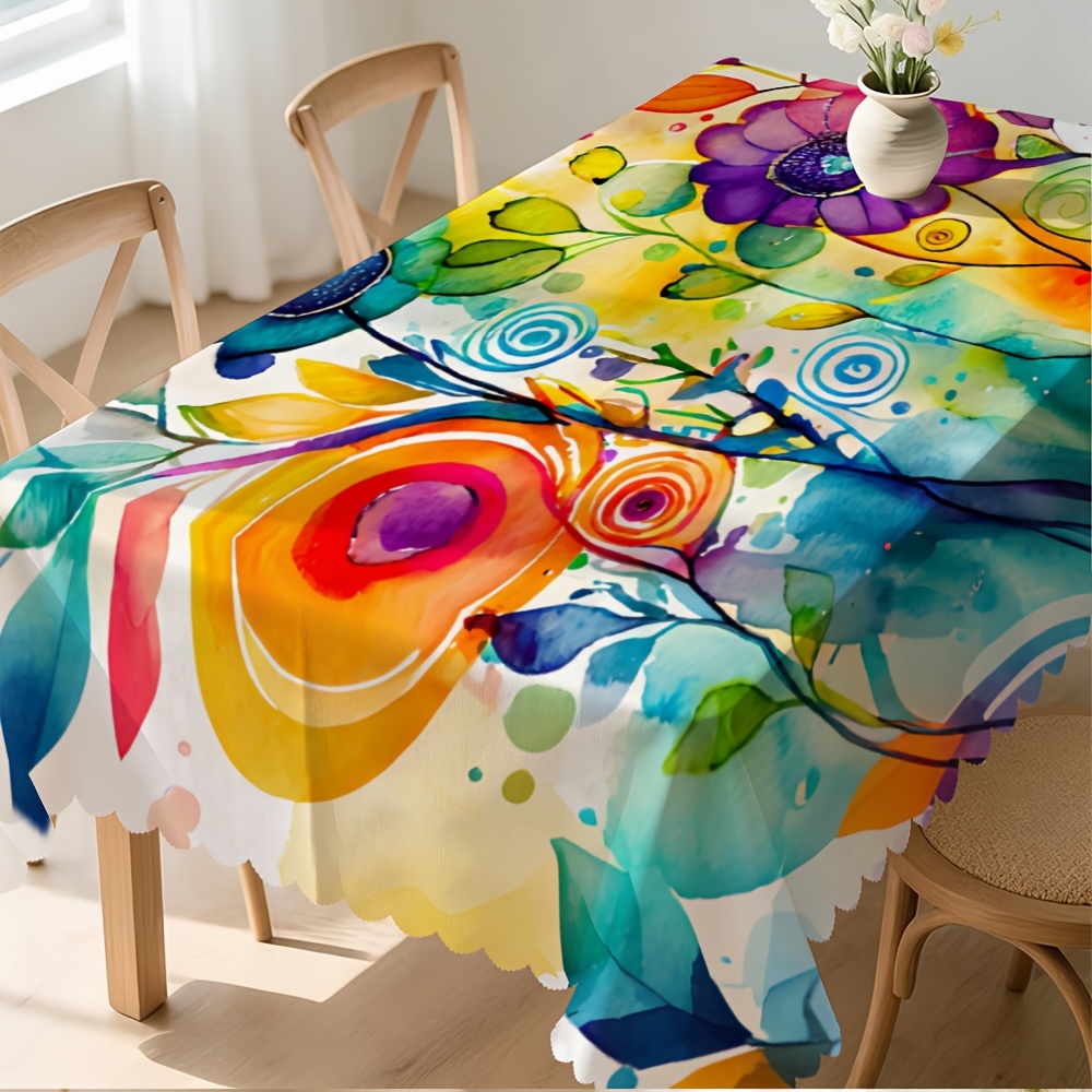 TEMU 1pc Bohemian Style Floral Tablecloth, Durable Polyester Tablecloth, Abstract Multicolor Floral Print, Suitable For Birthday Parties And Kitchen