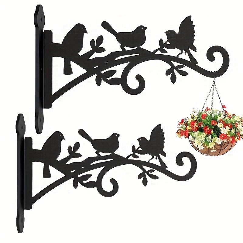 E-shop 2er-Set Pflanzenaufhänger mit schwarzem Metallhaken von drei Vögeln und Blättern - Robuste Outdoor-Haken für Blumenkörbe, Solarleuchten,