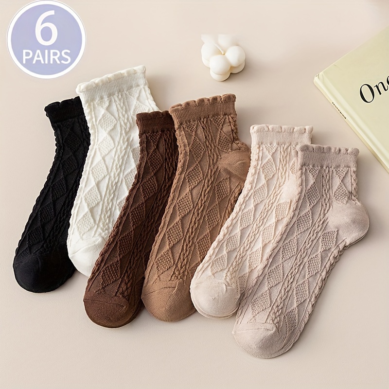 

6 Pairs Solid Argyle Textured Socks, Preppy & Comfy Ruffle Short Socks, Women's Stockings & Hosiery