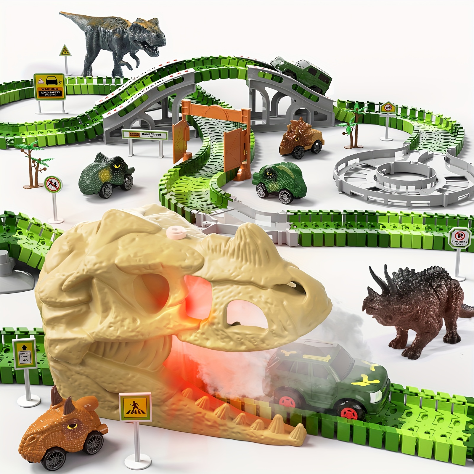 

249 Pcs Dinosaur Skeleton Rail Car Toys With Sound & Light, Dinosaur Race Car Tracks Diy Engineering For Children As Gifts