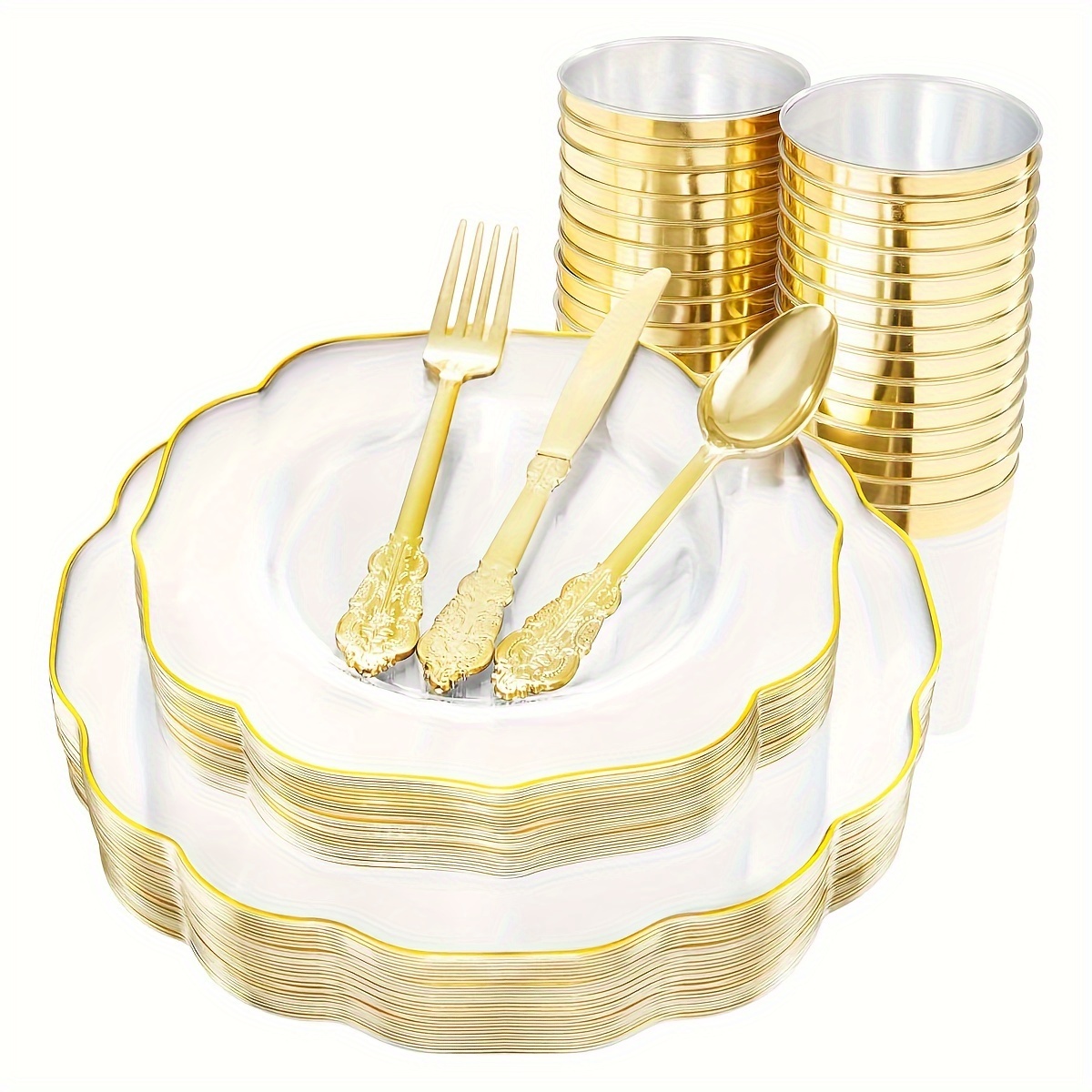 

180pcs Clear And Gold Plastic Plates With Disposable Silverware And Cups-including 60gold Plates, 30cups, 30forks, 30knives And 30spoons For Wedding