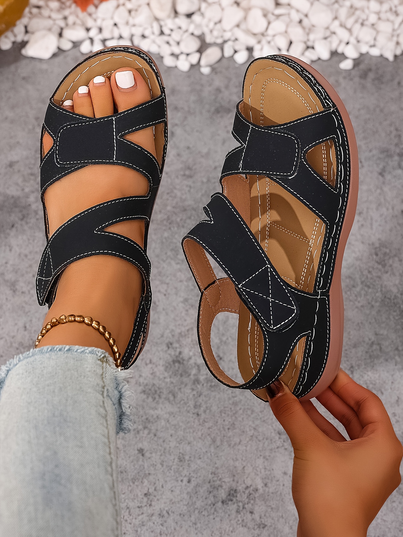 ladies summer lightweight sandals stylish and simple flat shoes solid color large size adjustable magic strap handmade shoes adjustable comfortable   toe womens sandals Product details 9