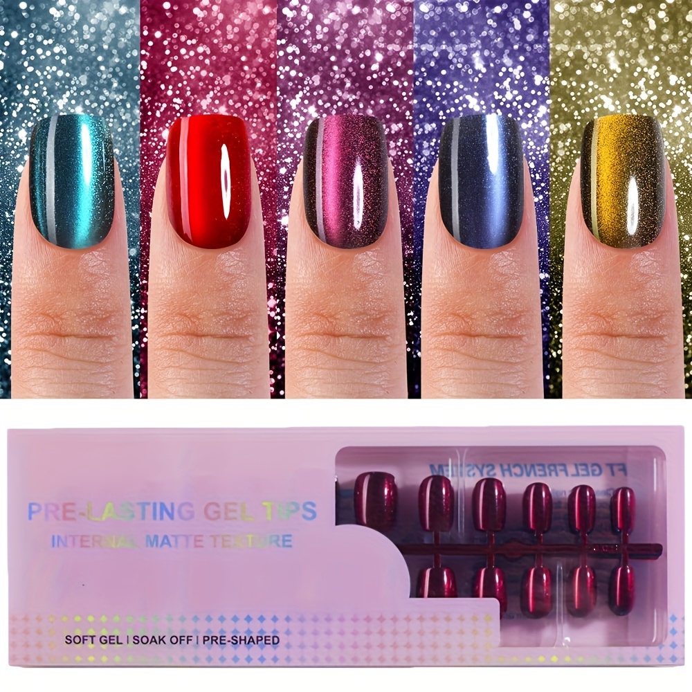 TEMU 120pcs Short Square Cat False Nails - 120pcs - 12 Sizes, , Long Lasting Gel Tip, 5 Colors, Suitable For Women Nail Art Decoration, For Women Nail Art