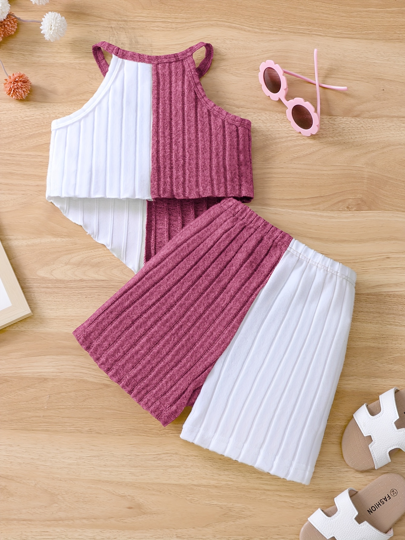 Girls 2pcs Summer Outfit Set, Knitted Polyester & Elastane, Solid Color Halter Neck Top with Bow Detail & Matching Shorts, Casual Fit for Playtime & Outings, for Outdoor