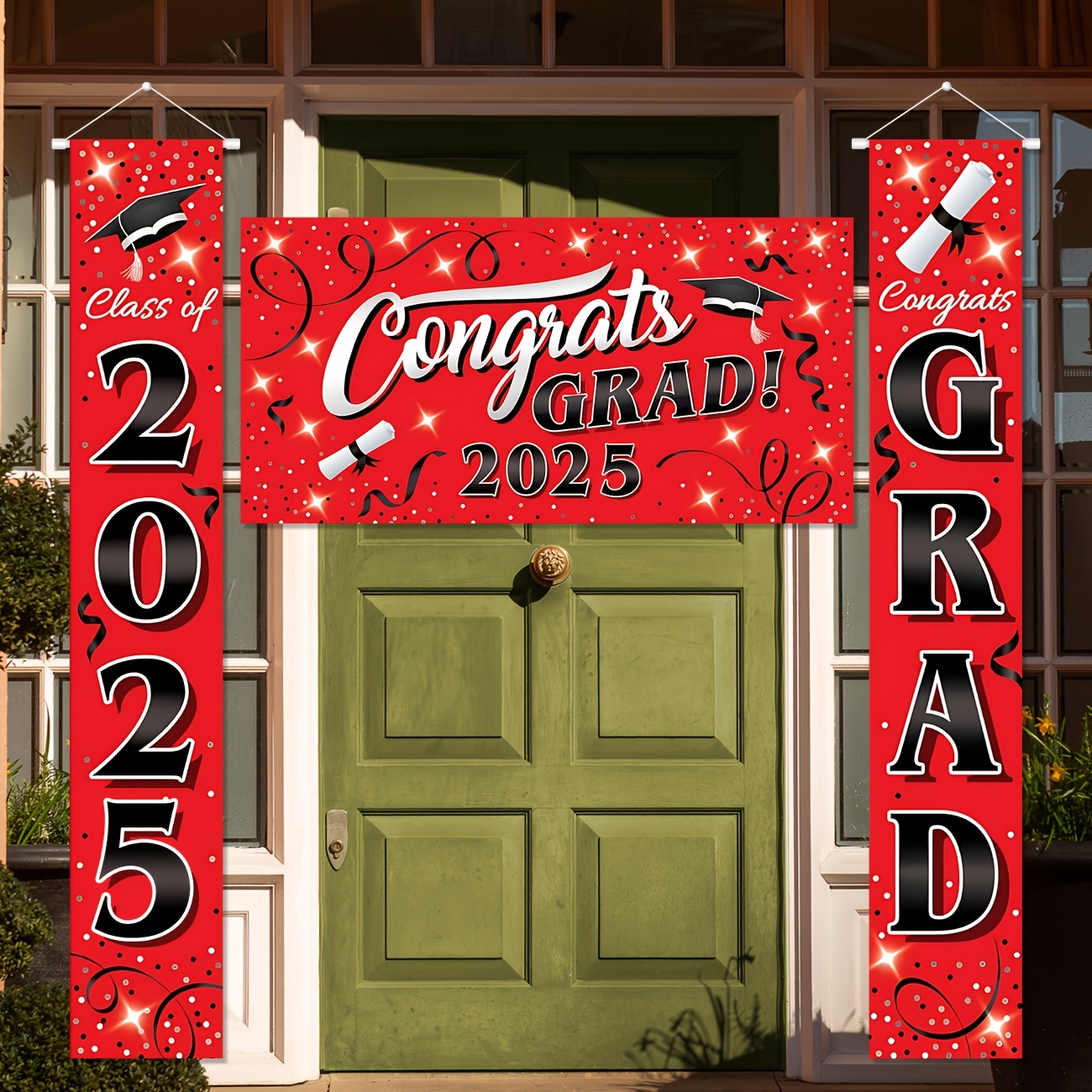 

Graduation Party Decor Set - 3pcs Red Grad Porch Banners & Backdrop, Indoor/outdoor Celebration Supplies, Graduation Party Decorations