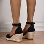 sandalias de cuña con correa en el tobillo para mujer, color negro, punta redonda y de cuerda - zapatos elegantes para vacaciones en , calzado de | correa delgada al tobillo | tejida de cuerda