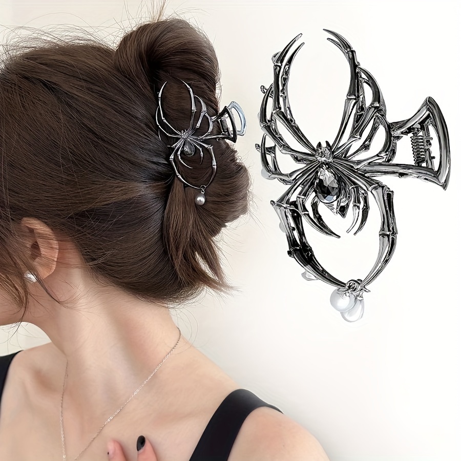 

Elegant Vintage-inspired Spider Hair Claw Clip With Pearls - Zinc Alloy, Gothic Punk Style, Halloween & Cosplay Accessory