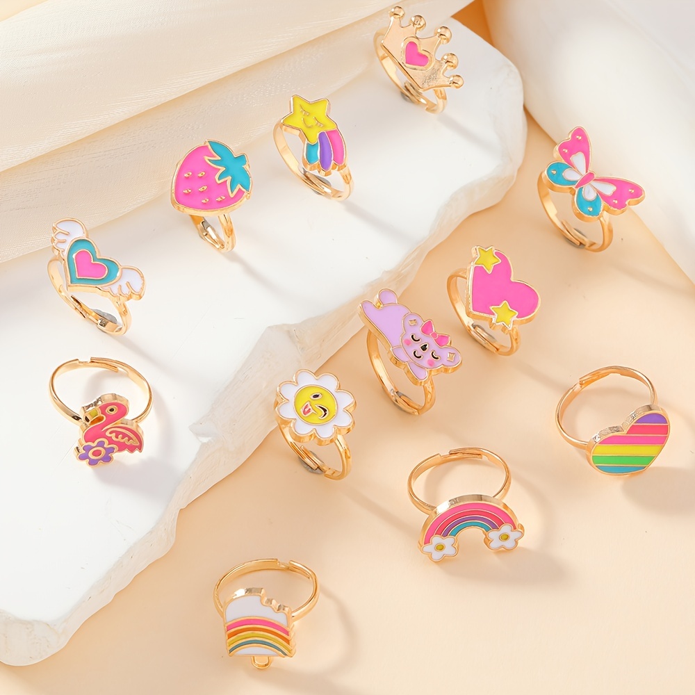 

12pcs Set Of Children's Alloy High-quality Rings, Cute Macaron Candy 's Rings, Heart-shaped Box, Party Birthday Gift Multi-piece Set