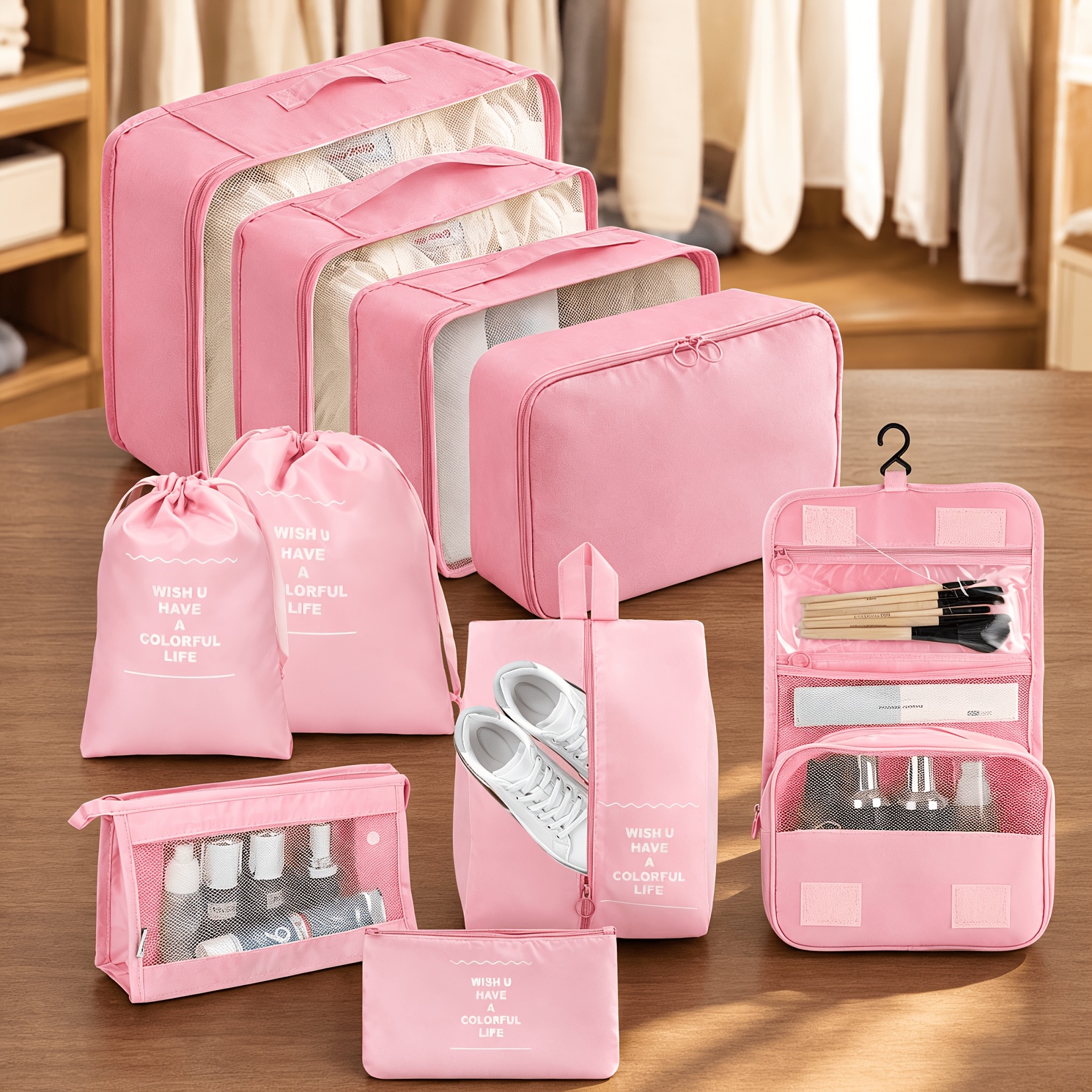 Image of 10pcs Travel Storage Set, Clothing Organizer Bags, Underwear And Shoe Bags, Toiletry And Cosmetic Bags, Luggage Classification Storage Bags (pink)