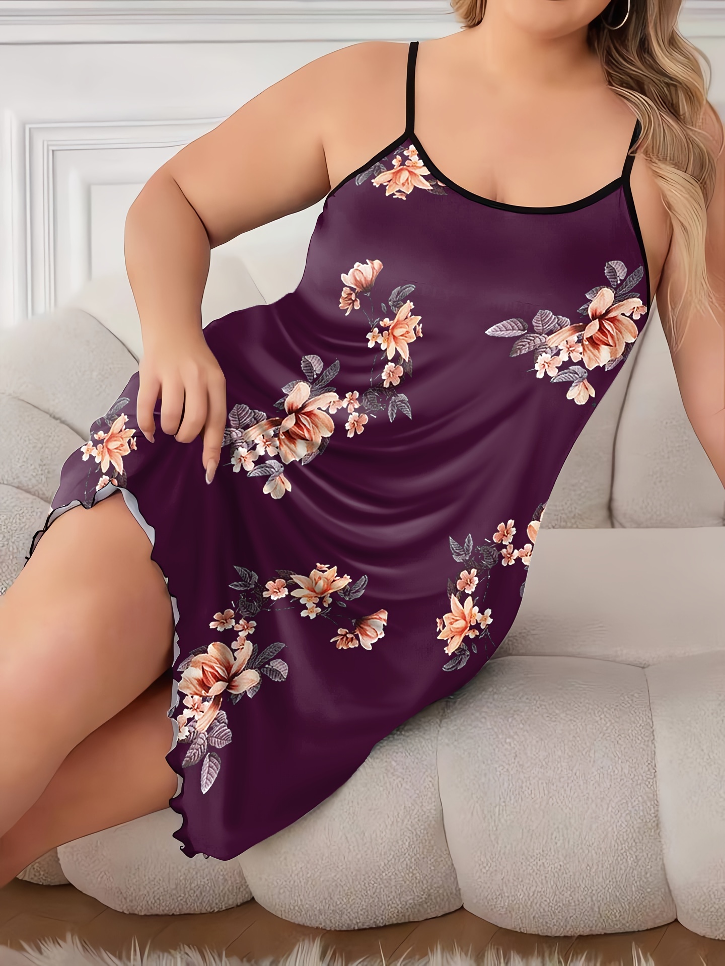 Women's Plus Sexy Loungewear Dress, Plus Size Floral Print Round Neck Frill Trim Cami Nightdress