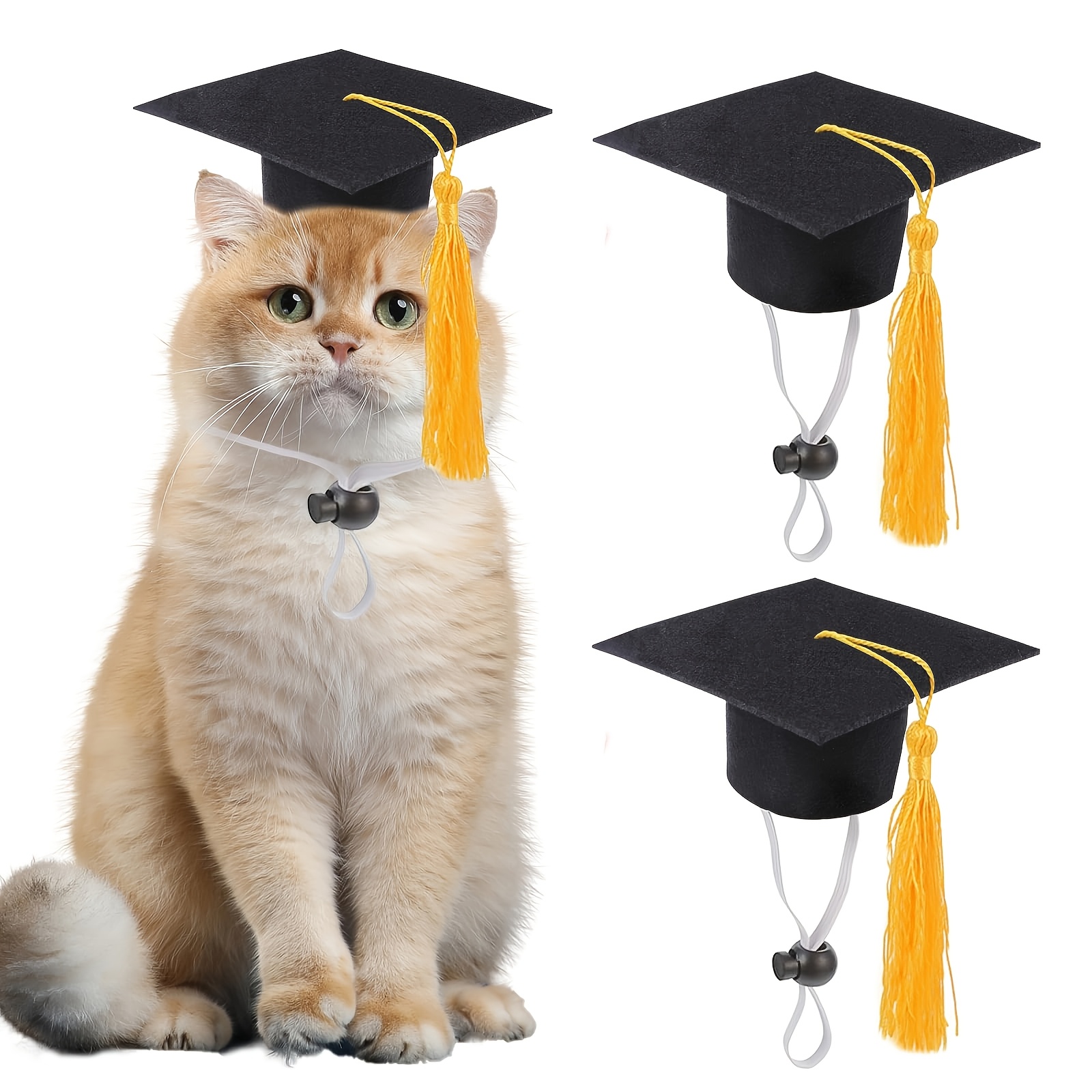 TEMU Set Of 2 Small Graduation Caps Featuring Yellow Tassels, Designed For Cats And Dogs, Adjustable For Pet Graduation Photos And Festive Costumes