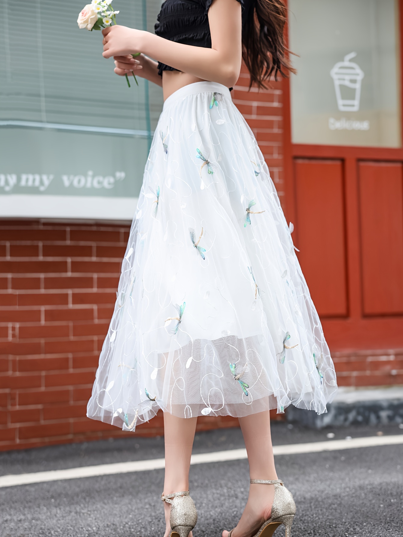 jupe midi en tulle brodée plissée coupe a Temu Canada