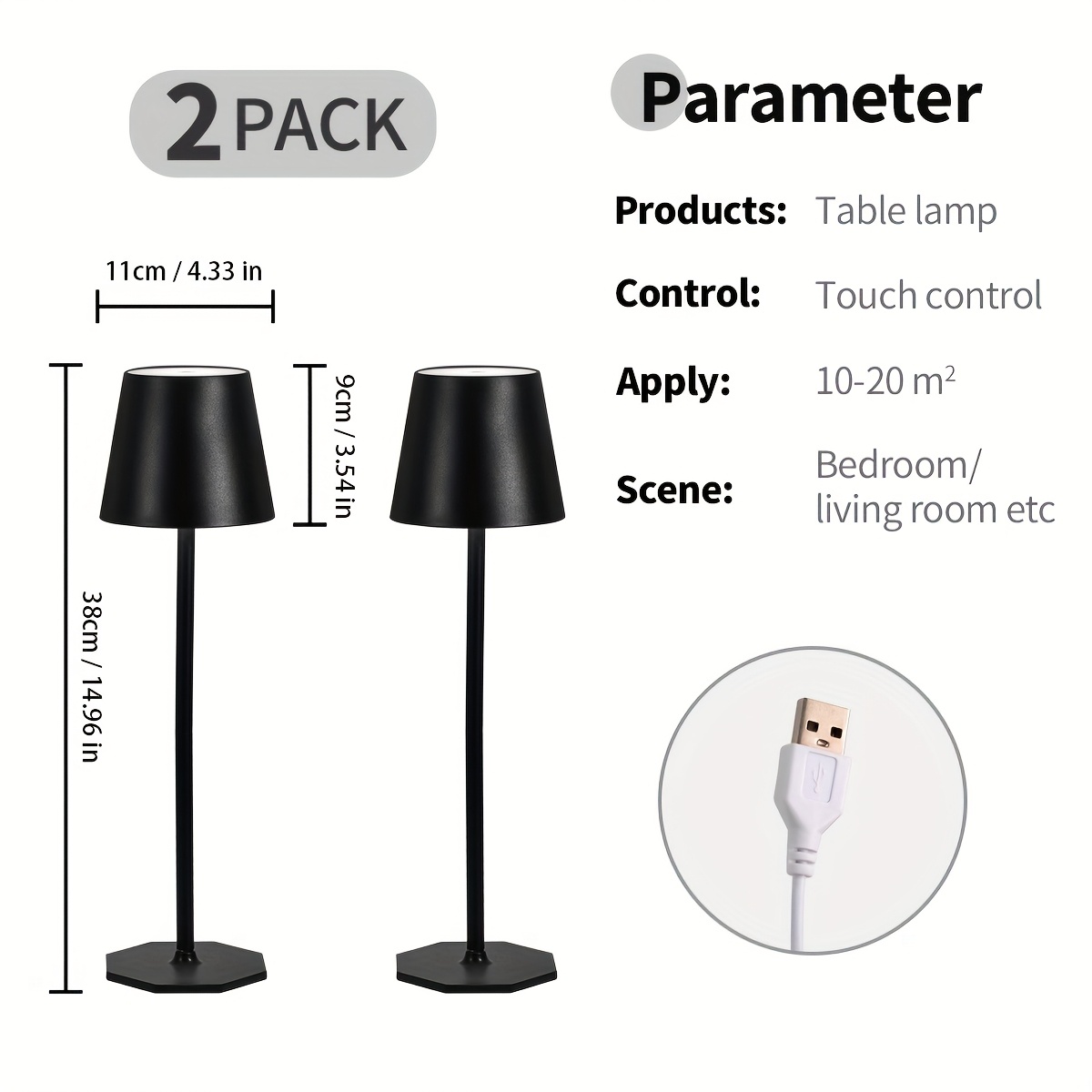 E-shop 2er-Pack Kabellose Schreibtischlampe, Tragbare LED-Lampe, Stromversorgung über USB-, Mit 3-Farben-Einstellbarer Dimmfunktion, Geeignet für
