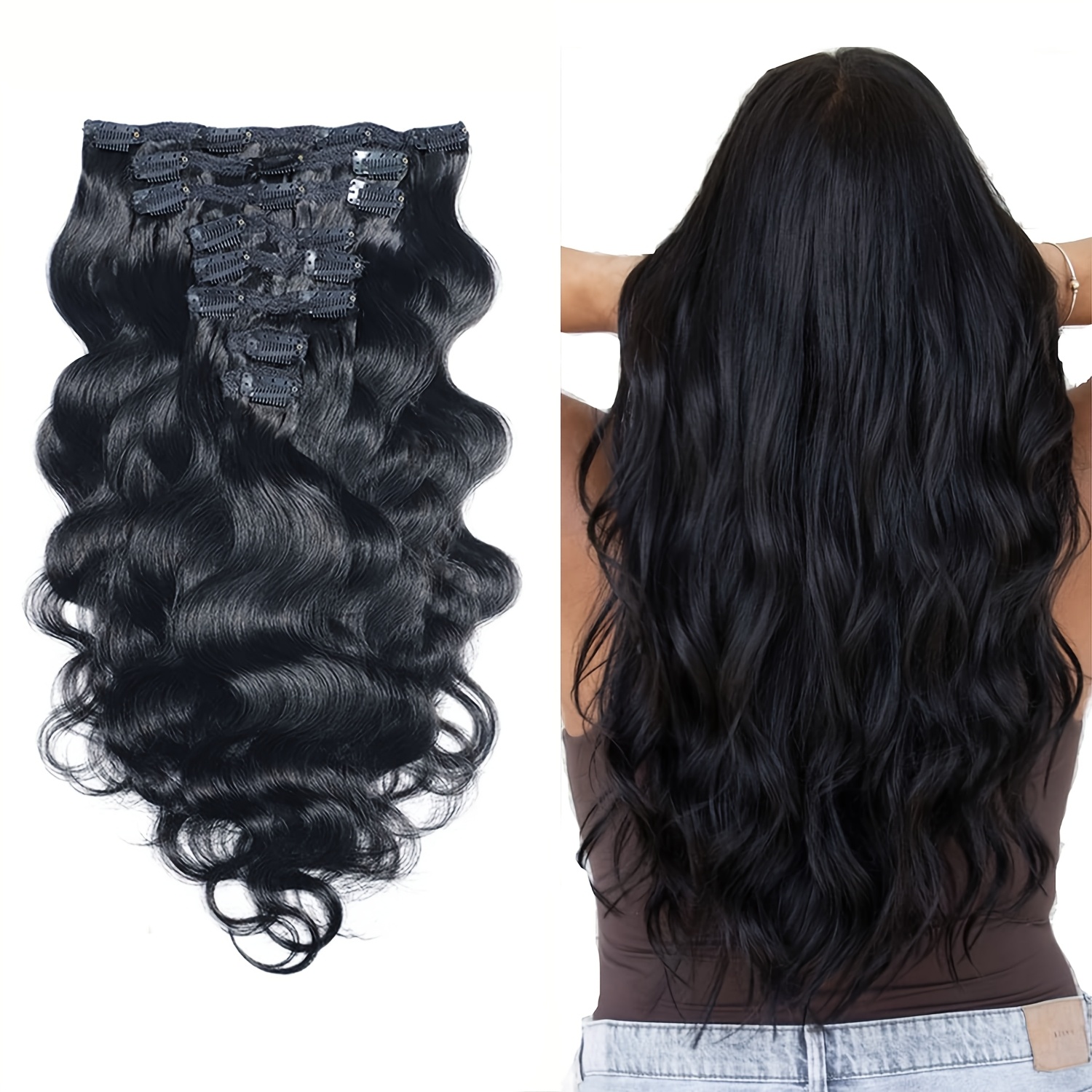 Image of 8pcs Body Wave Clip In Hair Extensions Human Hair With Human Hair Clip In Extensions Natural Black 22inch-30inch 120g Soft Body Wave Hair Extensions