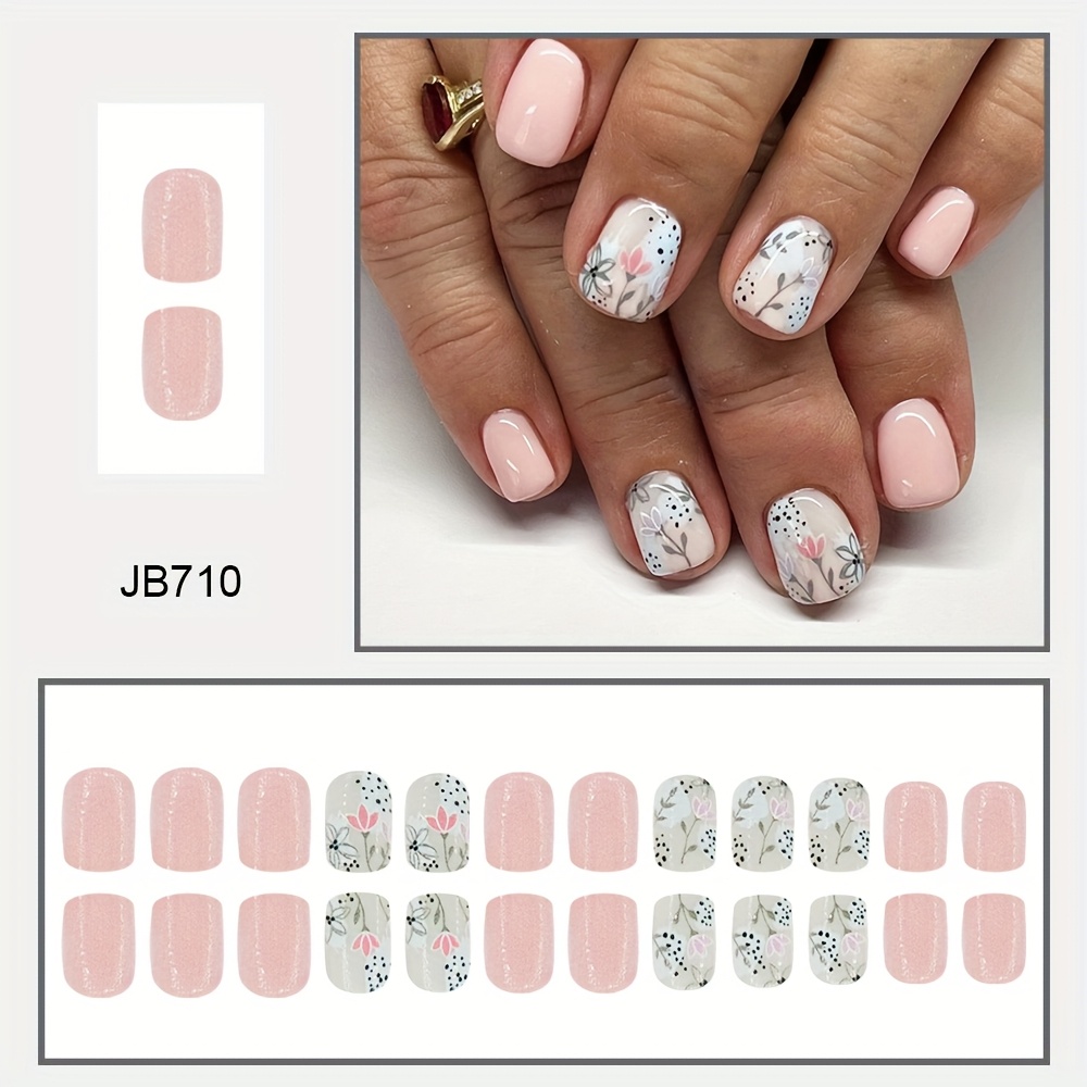 24pcs Short Square Press-on Nails - Pink With Floral & Design, Glossy Finish, Easy To Apply Fake Nails For Everyday , Stylish Nail Art | Pattern Nails | Vibrant Nail Colors, Nail Accessories