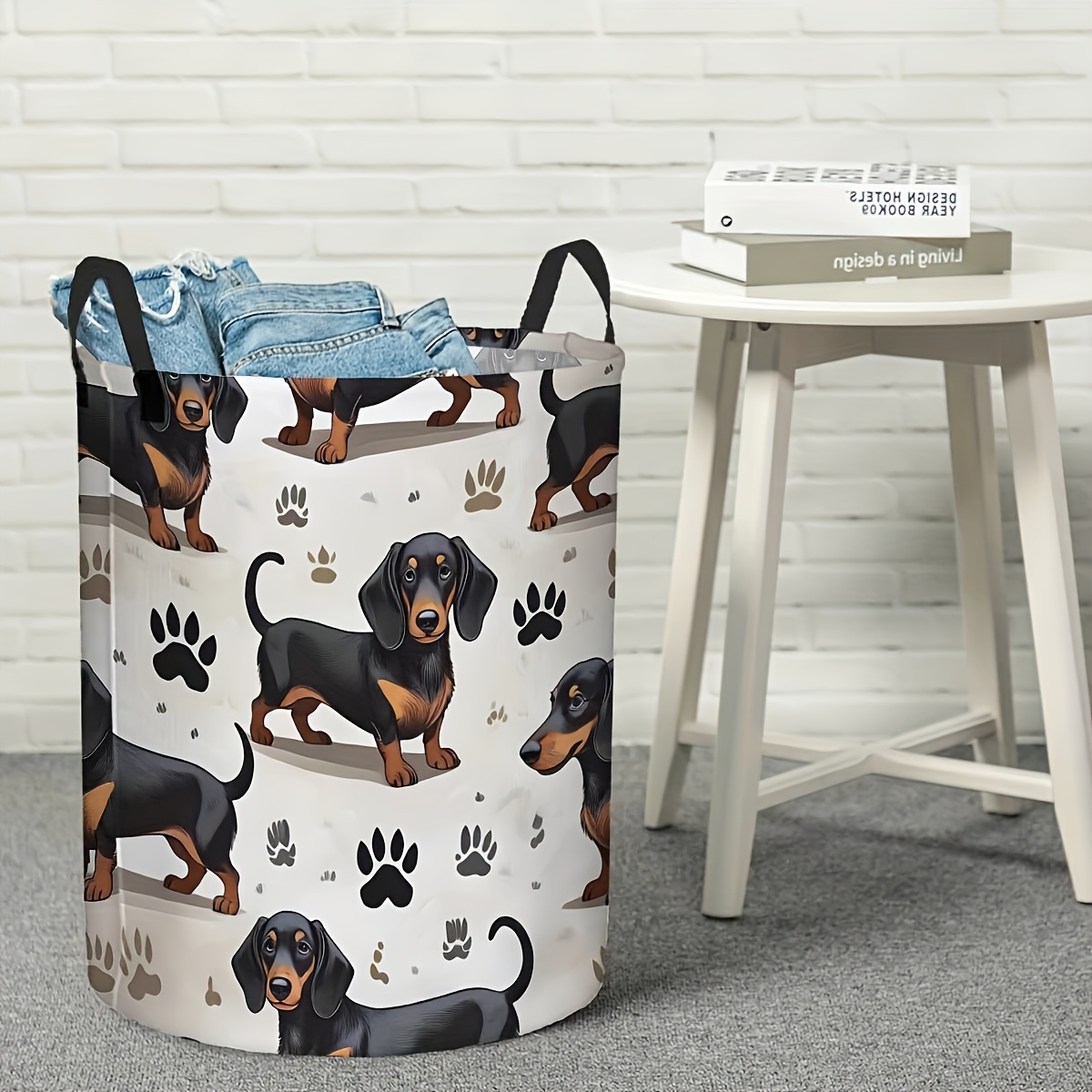 TEMU 1pc, Dachshund Paws Cute Dog Patternfoldable Laundry Basket With Round Shape, Clothes And Sundries Organizer Bin For Bathroom And Bedroom