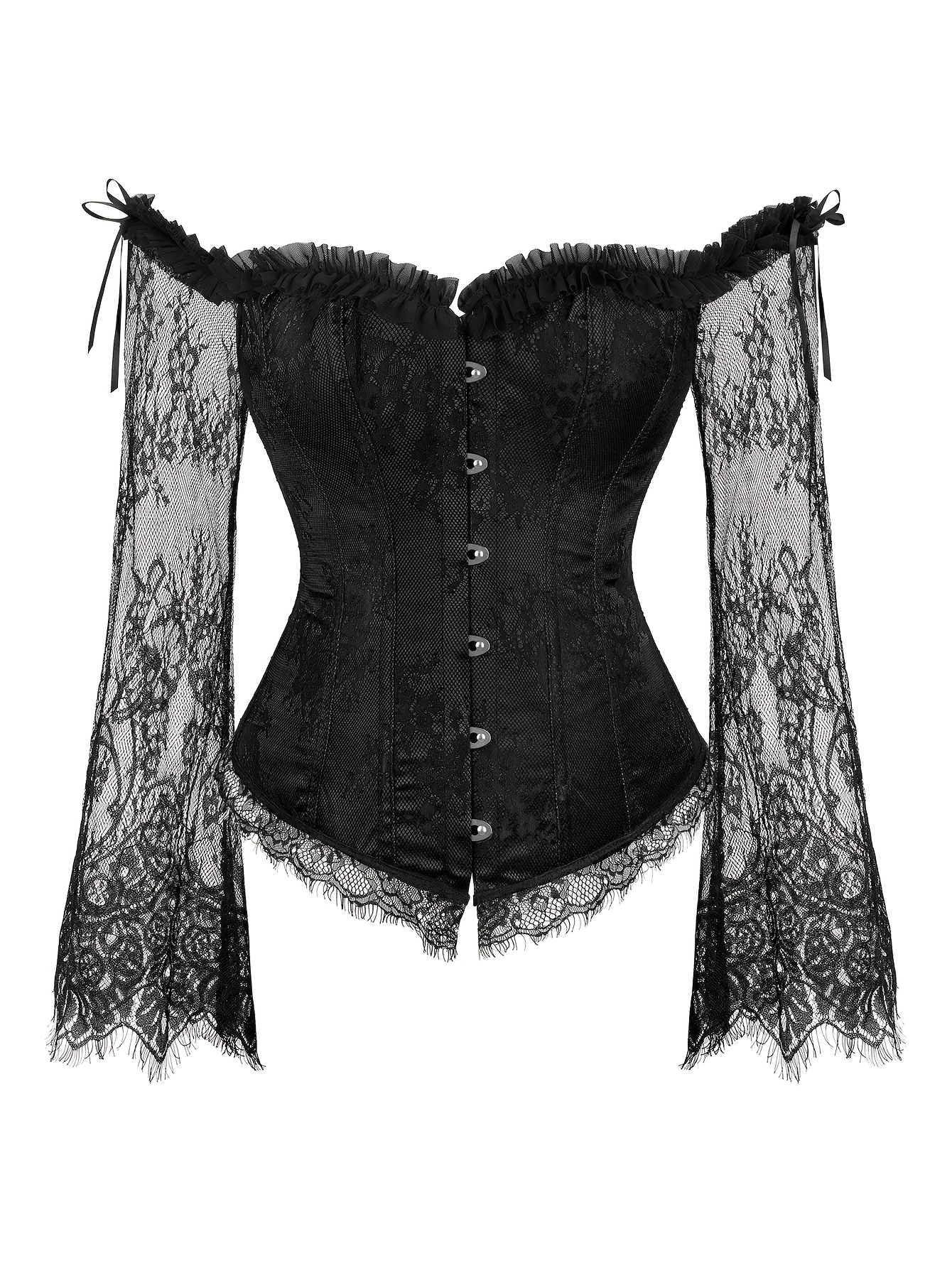 Women'S Vintage Green Corset Top with Lace Sleeves Off-the-Shoulder,  Lace-Up Bodice, Tummy Control Shapewear, Non-Stretch Fabric, Adult  Lingerie,