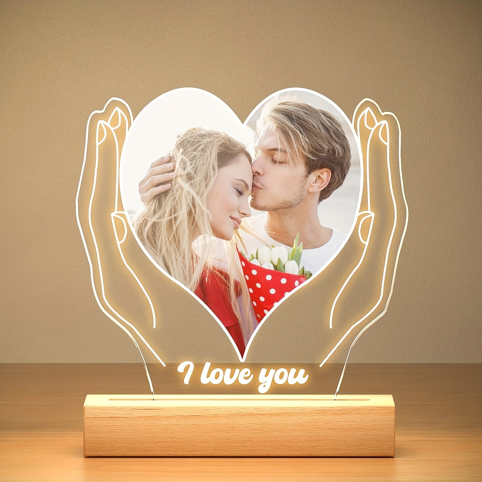 

Personalized Custom Photo Led Night Light Acrylic Heart Plaque Wooden Stand Night Light Table Lamp Plaque Printed With Photo, Custom Picture Frame Gifts For Dad Lover Anniversary Birthday Wedding