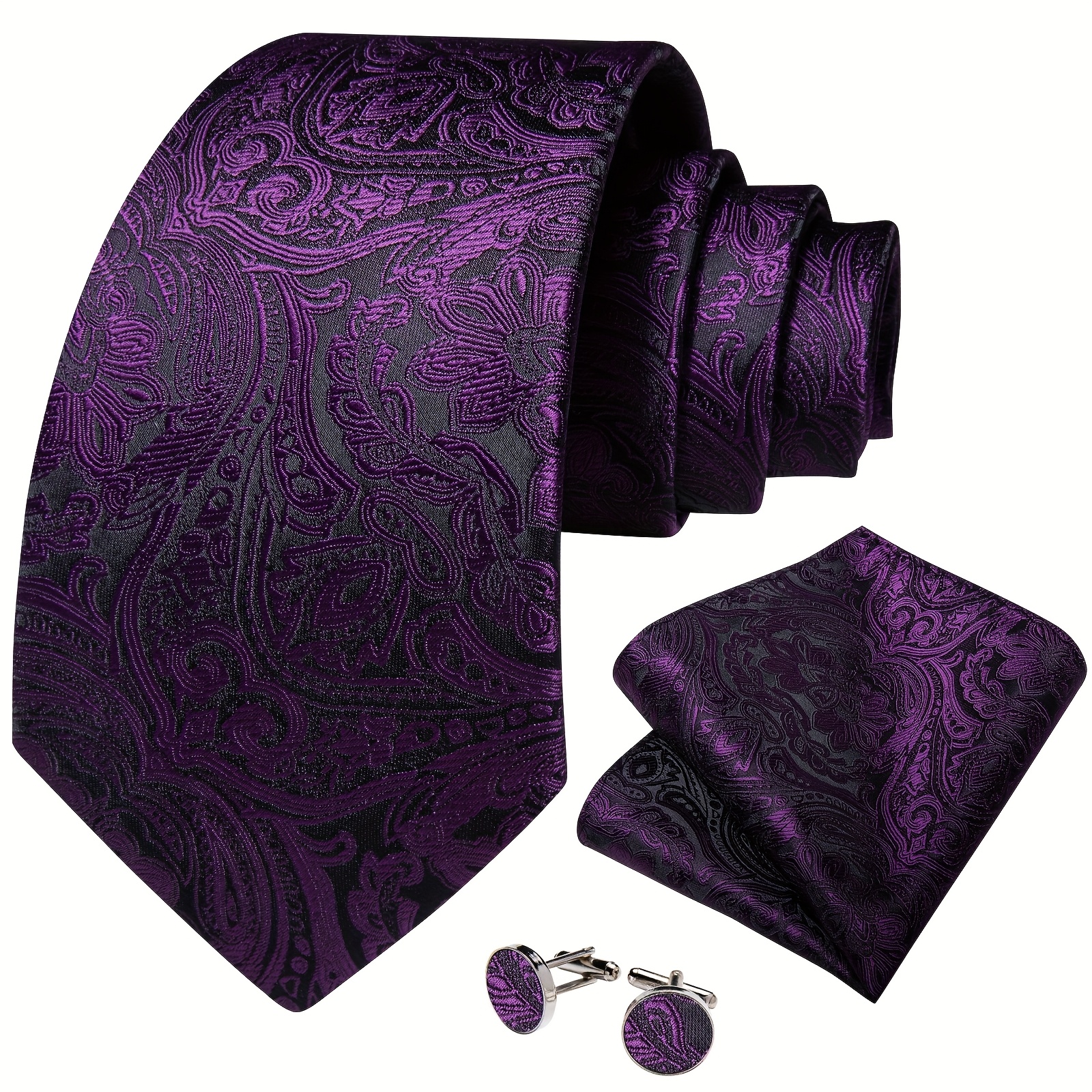 Men s Fashion Casual Tie Set   1200 high density, purple paisley jacquard pattern   tie, handkerchief and cufflinks, 4pcs set Suitable for everyday casual  , parties and social  