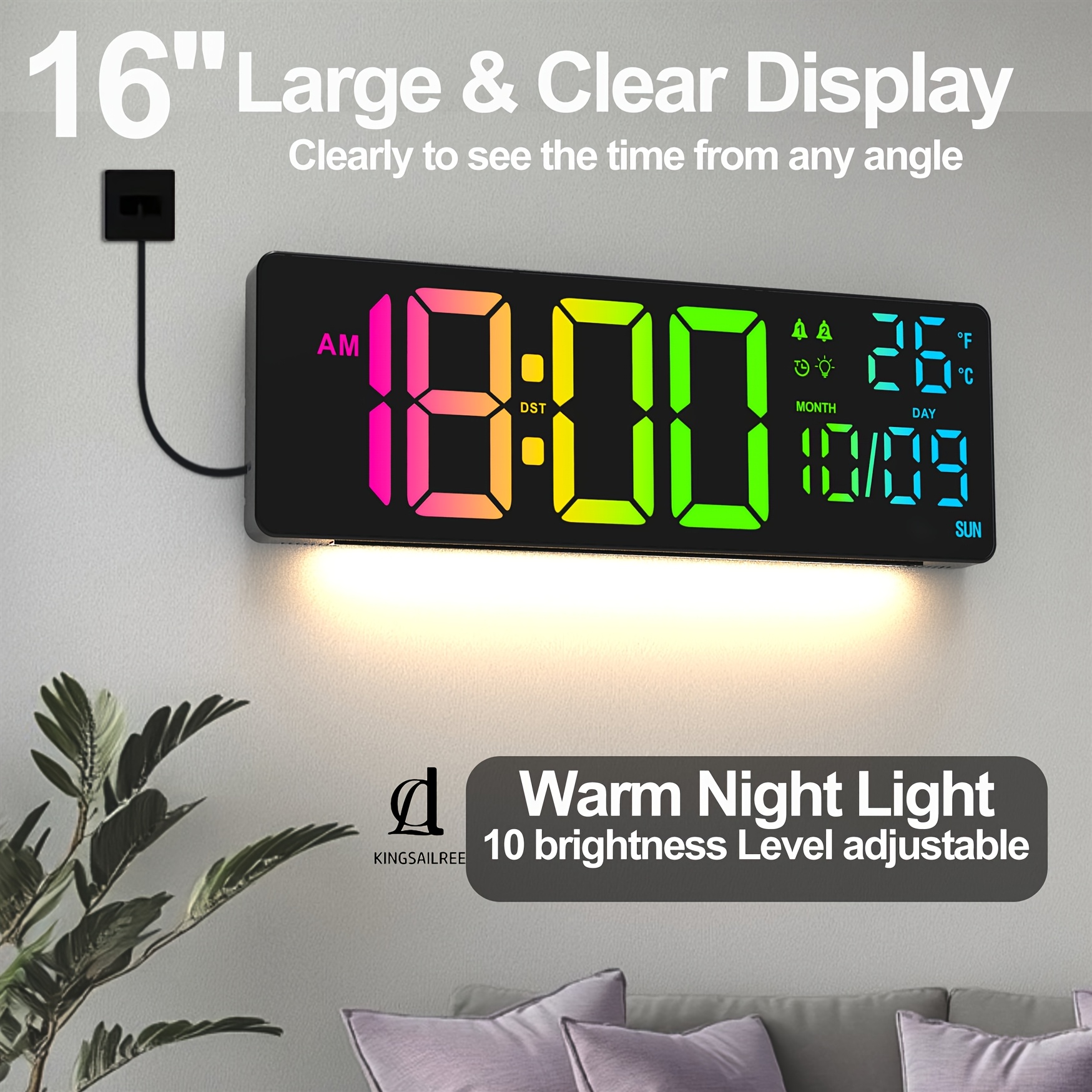 1pc 16 3 inch multifunctional large digital wall clock 7 rgb single colors 4 rgb gradient colors dual alarms with date and temperature display suitable for home decoration kitchen decoration and other settings Product details 4