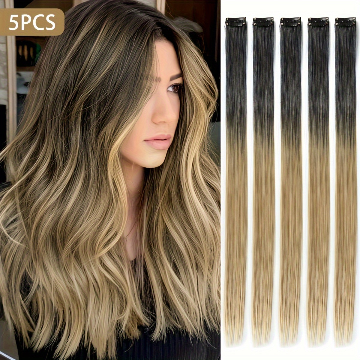 E-shop 5-teilige blaue, graue, braune Mehrfarbige Verlauf-Clip-in Haarverlängerungen, 20-Zoll Bunte Haarverlängerungen für Party-Highlights, Lange