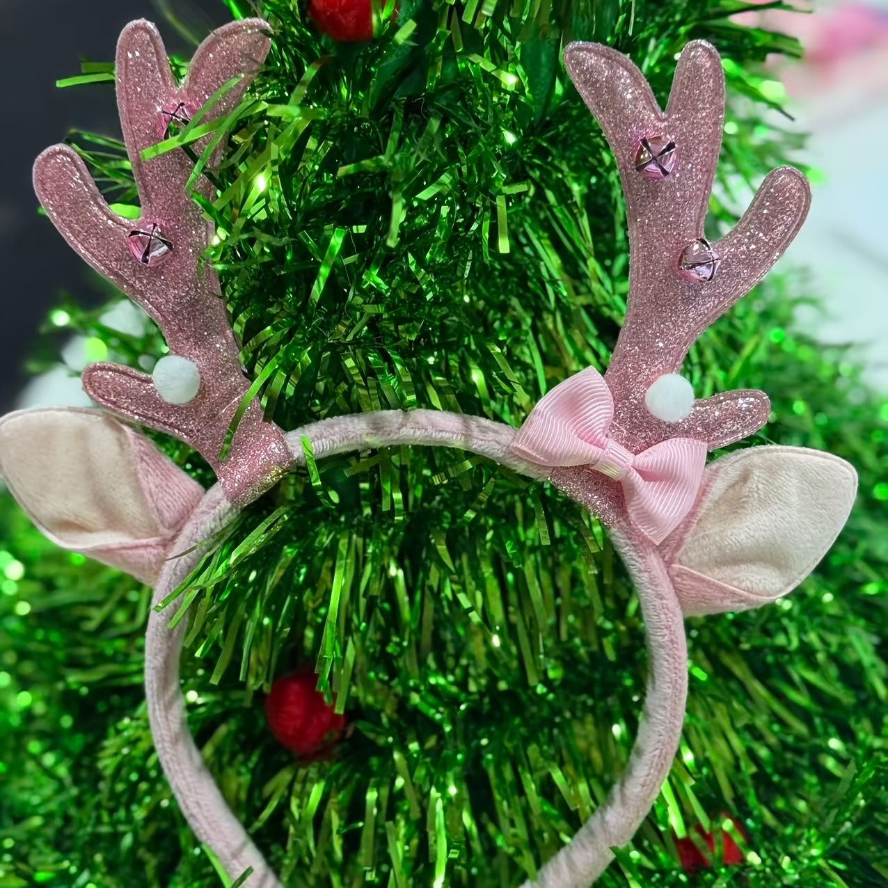 TEMU 1pc Christmas Pink Bow Glitter Antler Bell Headband Holiday Photo Prop Ear Headband Party Dress-up Accessory New Year Atmosphere Headband